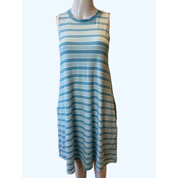 Time and Tru Women Striped Mini Dress Round Neck W/Pockets Aqua Spring Sz Small - Picture 4 of 11